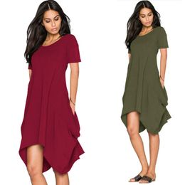 Summer mini dress Women Casual Round Neck Plain Basic solid dress Short Sleeve short Tent Dress vestido verano Loose Fashion Pockets dresses