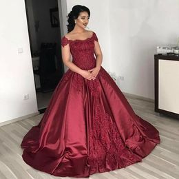 Burgundy Satin Gothic Ball Gown Colourful Wedding Dresses Cap Sleeves Beaded Lace Corset Back Arabic Wedding Gowns Non White