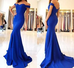 Royal Blue Mermaid Prom Dresses Off The Shoulder Satin Floor Length Backless Elegant Evening Dresses Party Gowns Sweep Train