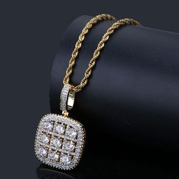 Mens Diamonds Sudoku Bling Pendant Cubic Zirconia Square Simulated Diamoonds Jewellery 18K Yellow Gold Plated Necklace with Gift box
