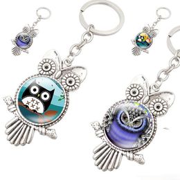 Antique Bird Owl Shape Owl Glass Cabochon Keychain Key Rings Holder Bag Hangs Fashion Jewelry Will and Sandy