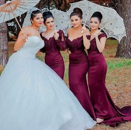 Newest Burgundy Mermaid Bridesmaid Dresses Off Shoulder Beaded Sequined Pleats Floor Length Maid Of Honor Dress Wedding Party Gowns