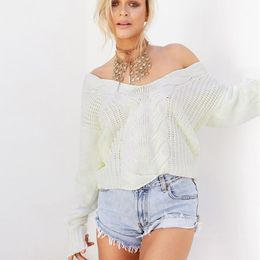 White Knitted V-neck Women Sweater Pullovers Solid Long Sleeve Loose Fashion Woman's Jumpers Autumn Casual Sexy Ladies Clothing