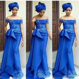 Royal Blue Mermaid Evening Dresses Off The Shoulder Lace Appliques Satin Prom Dress Long Cheap African Formal Dresses Party Gowns