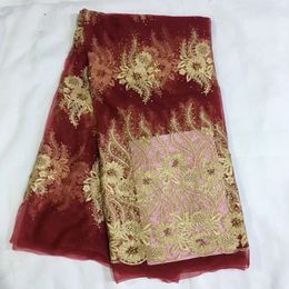 5 Yards/pc Nice looking wine french net lace fabric with beads and gold embroidery african mesh lace for dress HS9-8