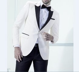 Brand New Ivory Men Wedding Tuxedos Excellent Groom Tuxedos Peak Lapel One Button Fashion Men Blazer 2 Piece Suit(Jacket+Pants+Tie) 1350