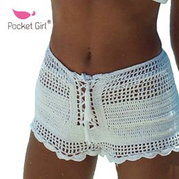 Pocket Girl 2017 Summer New Bandage Boxer Pants Knit Lace Hollowed Swimsuits Tight g Rope Solid Ladies Resort Swimwear