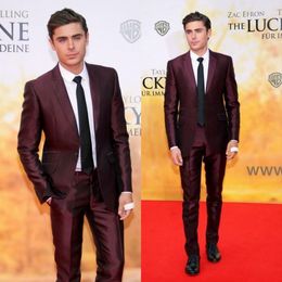Handsome Burgundy Mens Suits Slim Fit Two Pieces Groomsmen Wedding Tuxedos For Men Blazers Notched Lapel Formal Prom Suit (Jacket+Pants)
