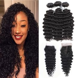 Deep Wave Bundles With Closure Grade 10A Brazilian Virgin Hair 3 Bundles With 4X4 Lace Closure Human Hair Weaves Extension Natural Colour