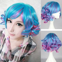 Fashion Short Wig Cosplay Lolita Curls Wave Hair Blue Purple Women Wig