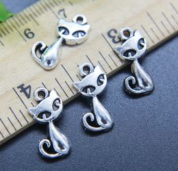 Wholesale 100pcs Cute Cat Alloy Charms Pendant Retro Jewellery Making DIY Keychain Ancient Silver Pendant For Bracelet Earrings 17*9mm