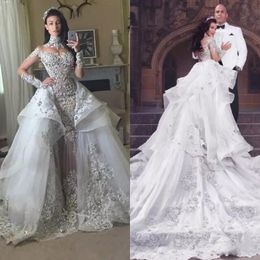 Luxury Crystals Wedding Dresses With Detachable Skirt High Neck Sheer Long Sleeves Wedding Gowns Court Train Beaded Applique Bridal Dress