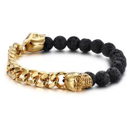 Black Volcanic Lava Stone Beads with Gold Color Stainless Steel Skull Bracelets Bangles Curb Cuban Link Chain Bracelet Punk Man Wr236l