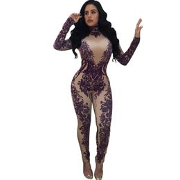 Rompers Womens Jumpsuit Sexy See Through Floral Print Long Sleeve Turtleneck Bodycon Female Overalls Jumpsuits Long Pants Ladies Club Romper