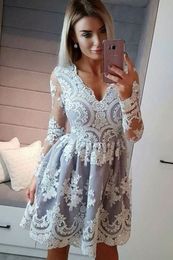 2018 Sliver With White Lace Short Prom Dress Cheap Deep V neck Illusion Long Sleeves Applique A line Pleated Homecoming Party Dresses New