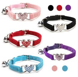 Heart Charm and Bell Cat Collar Safety Elastic Adjustable with Soft Velvet Material 5 Colours pet Product small dog collar GA505