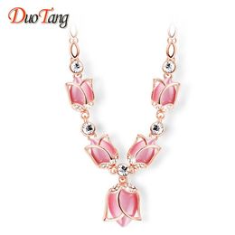 whole sale2016 Fashion Choker Necklace Romantic Rose Gold Color Beige Created Opal Rhinestone Tulips Necklace For Women Jewelry 383