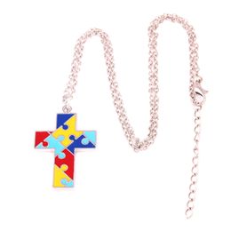 Hot Sale Pendant Necklace For Women Men Cross Shape Jigsaw Puzzle Pattern Colorful Enamel Gift Zinc Alloy Provide Dropshipping