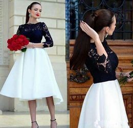 White and Black Short Prom Dresses 2017 New Hot Selling Jewel Neckline A-Line 3/4 Long Sleeve High Low Lace Formal Party Evening Gowns