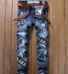 Hot Sell!New Designer-European American Style Patchwork jeans Men's slim jeans denim trousers Straight blue famous brand jeans pants for men