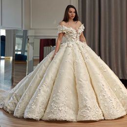 Gorgeous 3D-Floral Appliques Flower Wedding Dresses Off-the-Shoulder Ruffle Ball Gown Sheer Neck Lace-Up Bridal Gown Short Sleeve Long Train