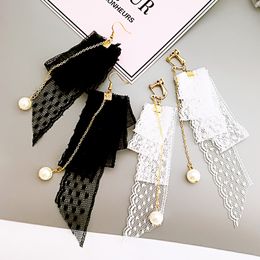 South Korea fashion design soft girl temperament sweet lace pearl chain ribbon earrings earrings wholesale