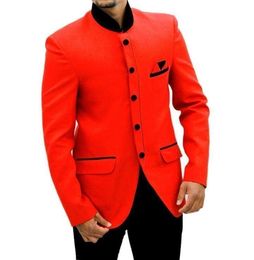 Brand New Five Button Mandarin Lapel Orange Red 2 Piece Suit Men Wedding Tuxdos High Quality Groom Tuxedos Best Men Blazer(Jacket+Pants)1322