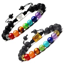 New 7 Chakra Beaded Bracelet For Women Men Black Lava Natural Stone Reiki Prayer Beads Yoga Bracelets Adjustable Rope