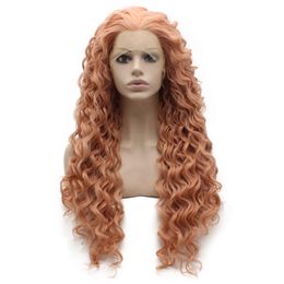 26inch Long Curly Orange Pink Heat Resistant Fibre Hair Natural Synthetic Lace Front Wig