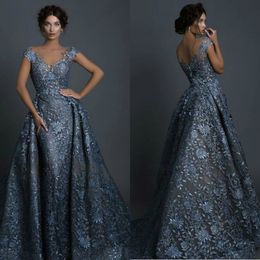 Mermaid Zuhair Murad Prom Dresses with Detachable Skirt Full Lace Applique Cap Sleeves Evening Gown Sheer V Neck Formal Dress Party
