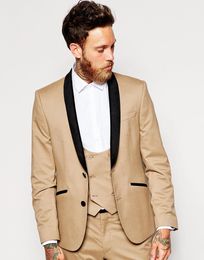 Excellent Slim Fit Khaki Groom Tuxedos Best Groomsman Men Formal Business Suits Men Prom Dinner Suits Customize(Jacket+Pants+Tie+Vest)NO;845