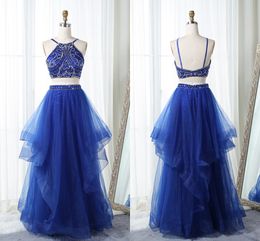 Hot Sale Two Pieces Evening Gowns Long A line Tulle 2018 Halter Beaded Crystal Ruffles Open Back Cheap Prom Formal Pageant Dress 2018