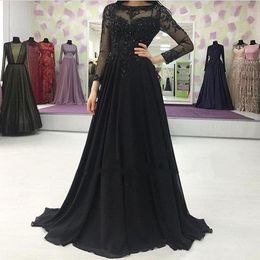 Black Chiffon A-Line Evening Dresses With Long Sleeve Lace Appliques Beaded Evening Gown Custom Made Prom Party Dress