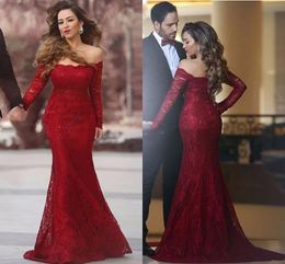 Mermaid Newest Bury Prom Dresses Lace Off Shoulder Long Sleeves Sweep Train Pleats Formal Evening Party Gowns Yousef Aljasmi