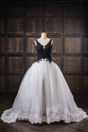 Gothic Wedding Dresses Deep V neck Black And White Tulle Applique Lace Sequins Backless Sexy Wedding Bridal Gowns Cheap