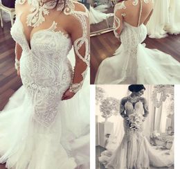 2019 Plus Size Wedding Dresses High Neck Illusion Bodice Lace Appliques Beaded Long Sleeve Country Bridal Gowns Garden vestidos de noiva