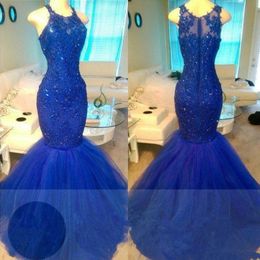 Royal Blue Prom Dresses Jewel Sequins Lace And Tulle Mermaid Evening Gowns Zipper Back Sheer Puffy Cocktail party Gowns Vestidos