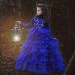 Fall 2018 Pattern Flowergirl Dresses High Neck Lace Bodice Cascading Ruffles Skirt Long Sleeves Royal Blue Kids Wedding Dresses