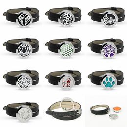 Hot sale designs Twist-off stainless Perfume Aroma Locket Essential Oil Diffuser Bracelet Black Leather Wristband 10p free pads