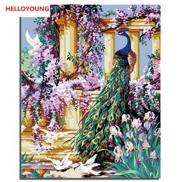 HELLOYOUNG Digital Painting DIY Handpainted Oil Painting Peacock by numbers oil paintings chinese scroll paintings Home Decor