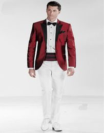 Brand New Wine Men Wedding Tuxedos High Quality Groom Tuxedos Peak Lapel One Button Men Blazer 2 Piece Suit(Jacket+Pants+Tie+Girdle)2037