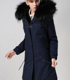 Black Raccoon fur trim Meifeng brand women winter snow coats black rabbit fur lined navy blue long parka with ykk zipper