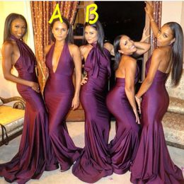 Grape Purple Two Style Bridesmaid Dresses Sexy Halter v Neck Mermaid Long Maid Of Honour Gowns Sweep Train Cheap Bridesmaid Dress