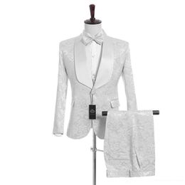 Customise White Shawl Lapel One Button Wedding Groom Tuxedos Men Suits Wedding/Prom/Dinner Best Man Blazer(Jacket+Tie+Vest+Pants) N57