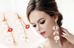 Hot Style Hot fashion long white lace red earrings lips girls pop accessories fashion classic delicate elegance