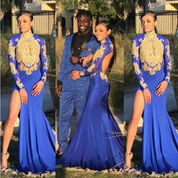 Attractive Split Mermaid Prom Dress High Neck Long Sleeve Golden Lace Applique Backless 2018 Prom Dress Sexy Satin Cocktail Dress Party Gown