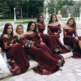Burgundy Long Lace Bridesmaid Dresses Bateau Long Sleeves Mermaid Party Gowns Back Zipper Custom Made Floor-Length Bridesmad Gowns