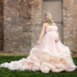 Happy Maternity Pregnant Bridal Wedding Dresses Strapless Empire Waist Long Cloud Train Light Pink Plus Size Western Country Wedding Dress