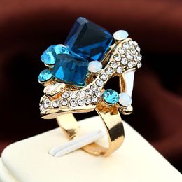 Exaggerated Rhinestone High-heeled Shoes Band Rings Female Fashion Colourful Cube Crystal Ring Adjusted Opening Wholesale