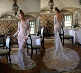 2019 Berta Mermaid Wedding Dresses Illusion Sequins Beaded Court Train Long Sleeve Bridal Gowns Sexy Backless Plus Size Wedding Dress